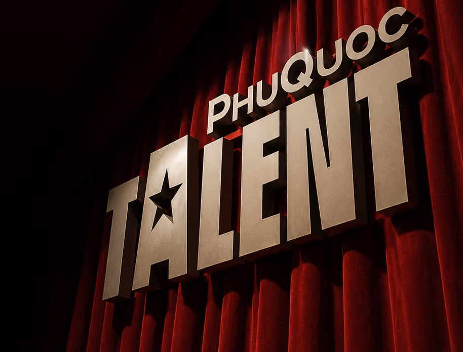 Phu Quoc Talent logo on a red stage curtain